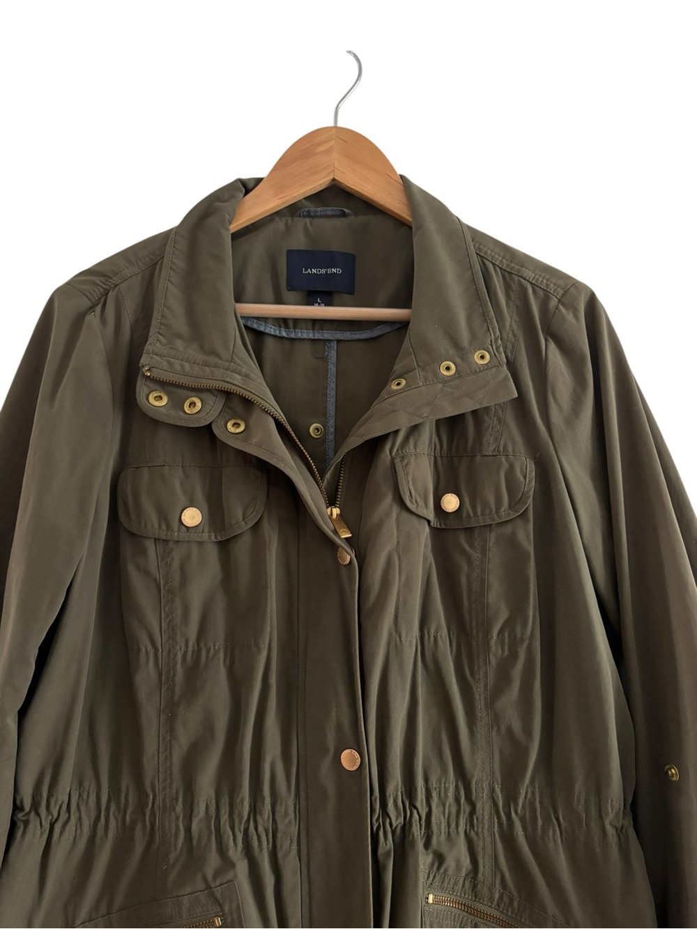 Lands End 14/16 women olive green safari style light weight jacket. Good cond.
